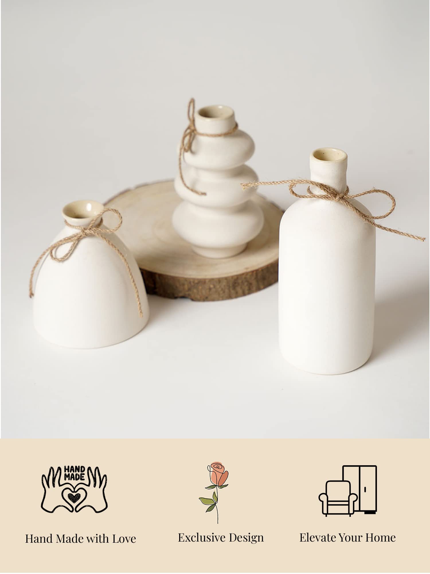 Purezento Konso Family White Ceramic Vase - Set Of 3 | Unique Shape Vases For Modern Home Decor, Shelves, Coffee Tables, Living